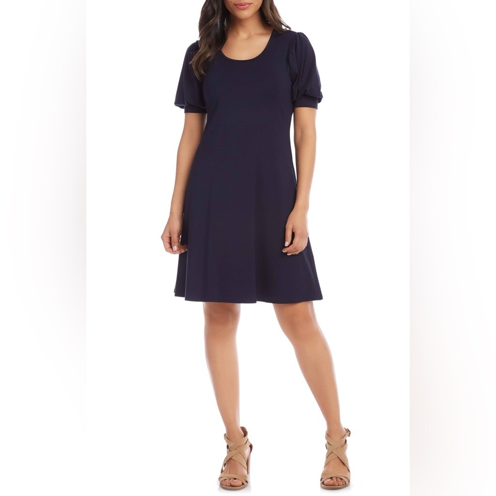 NWT Karen Kane Erin A-Line Puff‎ Sleeve Dress Navy Classic Chic Minimalist M